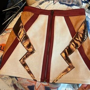 Wild Honey Lightning Bolt Retro 70s mini skirt. Faux suede, bronze bolts. Size S